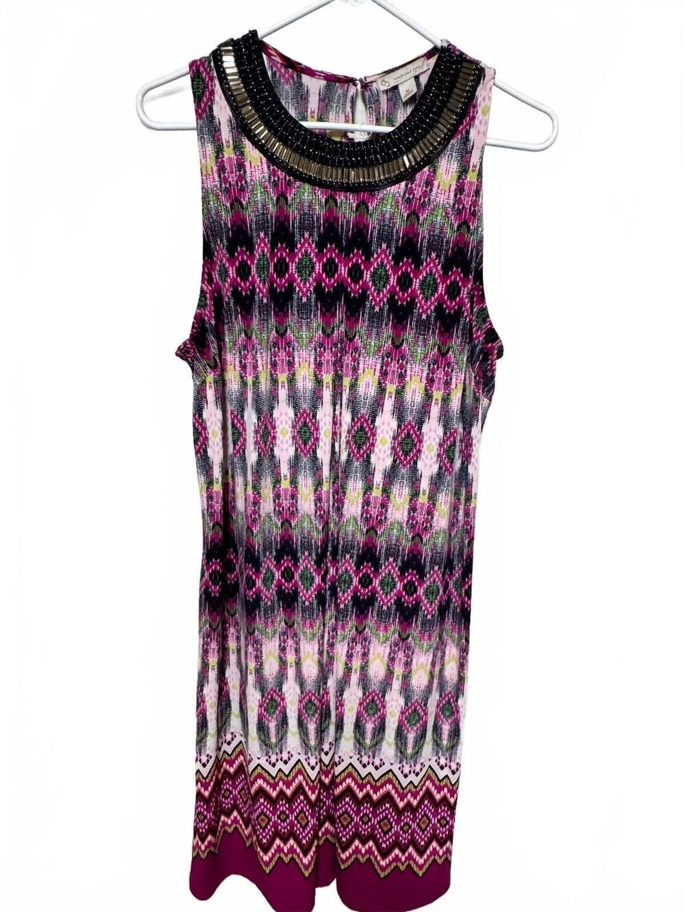 Clover & Sloane Pink Geometric Ikat Beaded Neck Sleeveless Shift Dress Size XL
